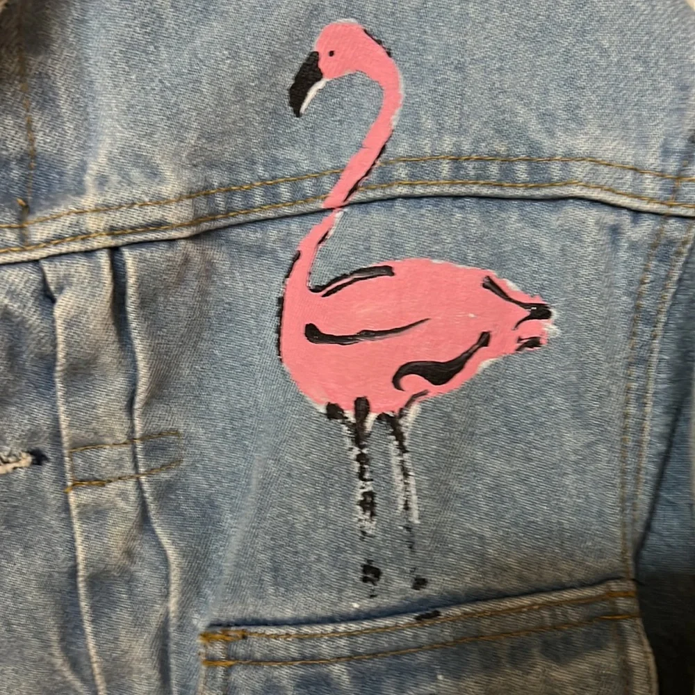 Ralph Lauren Light Blue Denim Jacket with Pink Flamingo Patch - Picture 2 of 9